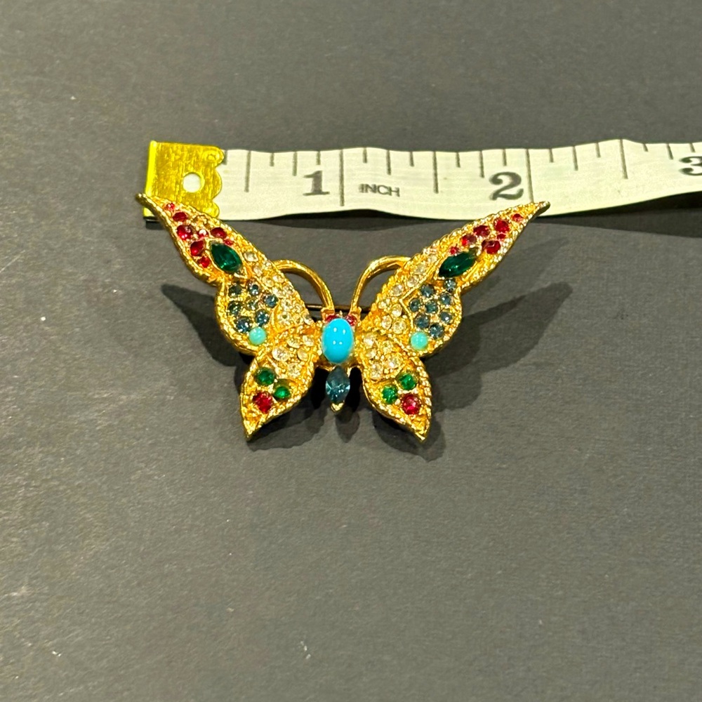 Vintage Gold Tone Rhinestone Butterfly Brooch – Multicolor Crystal Statement Pin